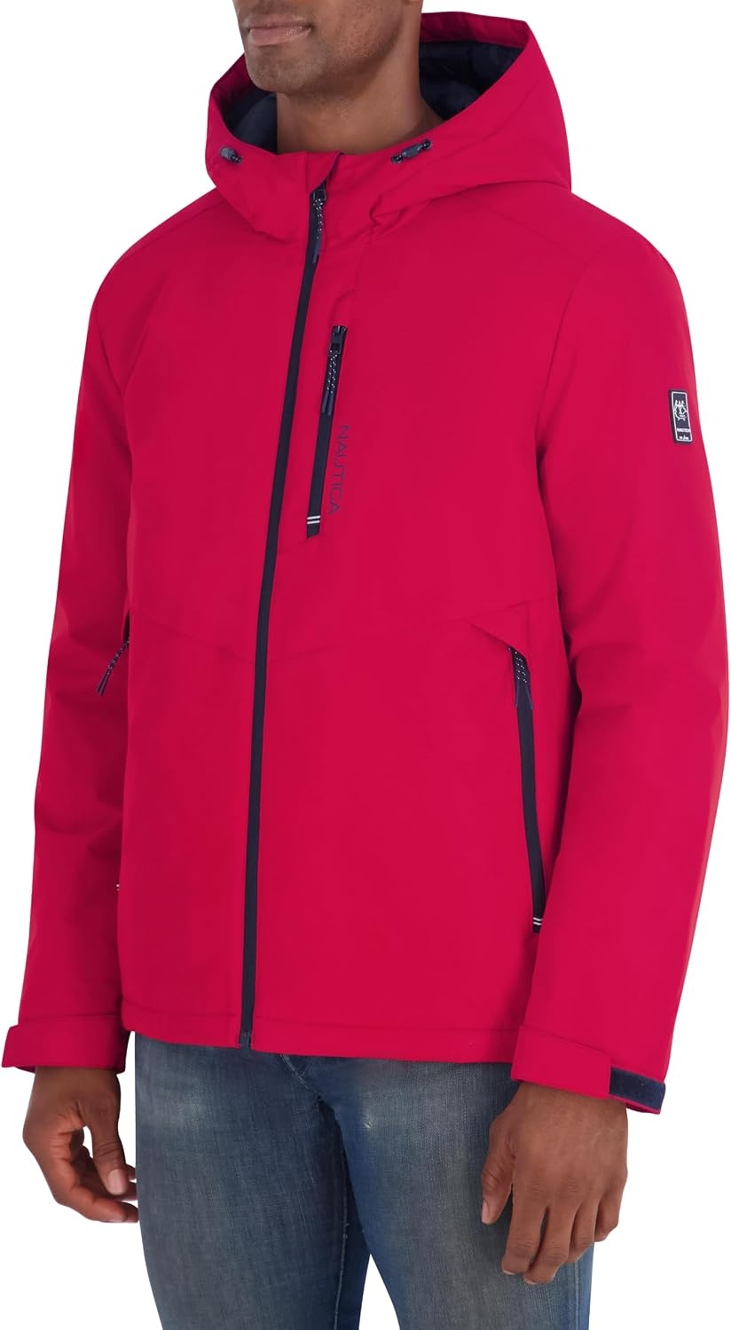 image:imageNautica Mens Hooded Rain Jacket Water Resistant Insulated Zip Front Coastal CoatRed