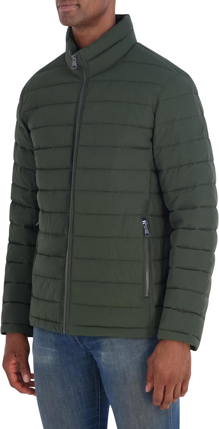 image:imageNautica Mens Midweight Quilted Jacket Stretch Water Resistant Zip Front CoatDark Forest