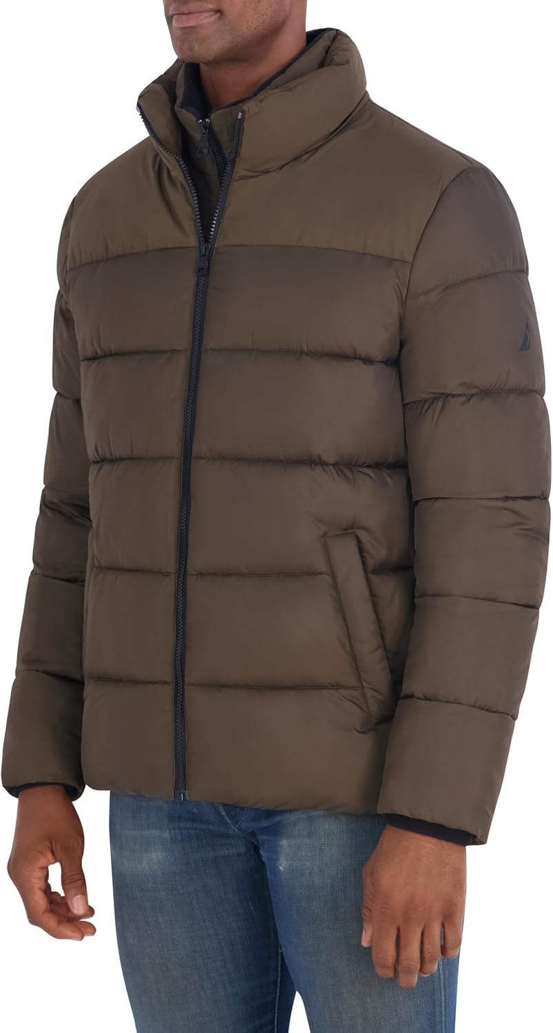 image:imageNautica Mens Ripstop Puffer Jacket Water Resistant Bib Front Insulated Winter CoatOlive Brown