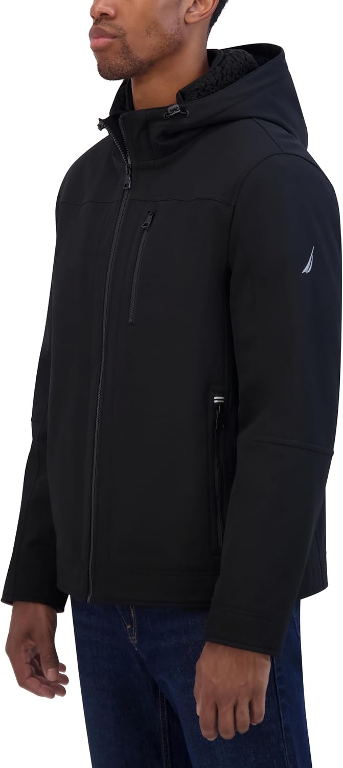 image:imageNautica Mens Sherpa Lined Softshell Jacket Full Zip Adjustable Hood Wind ResistantBlack