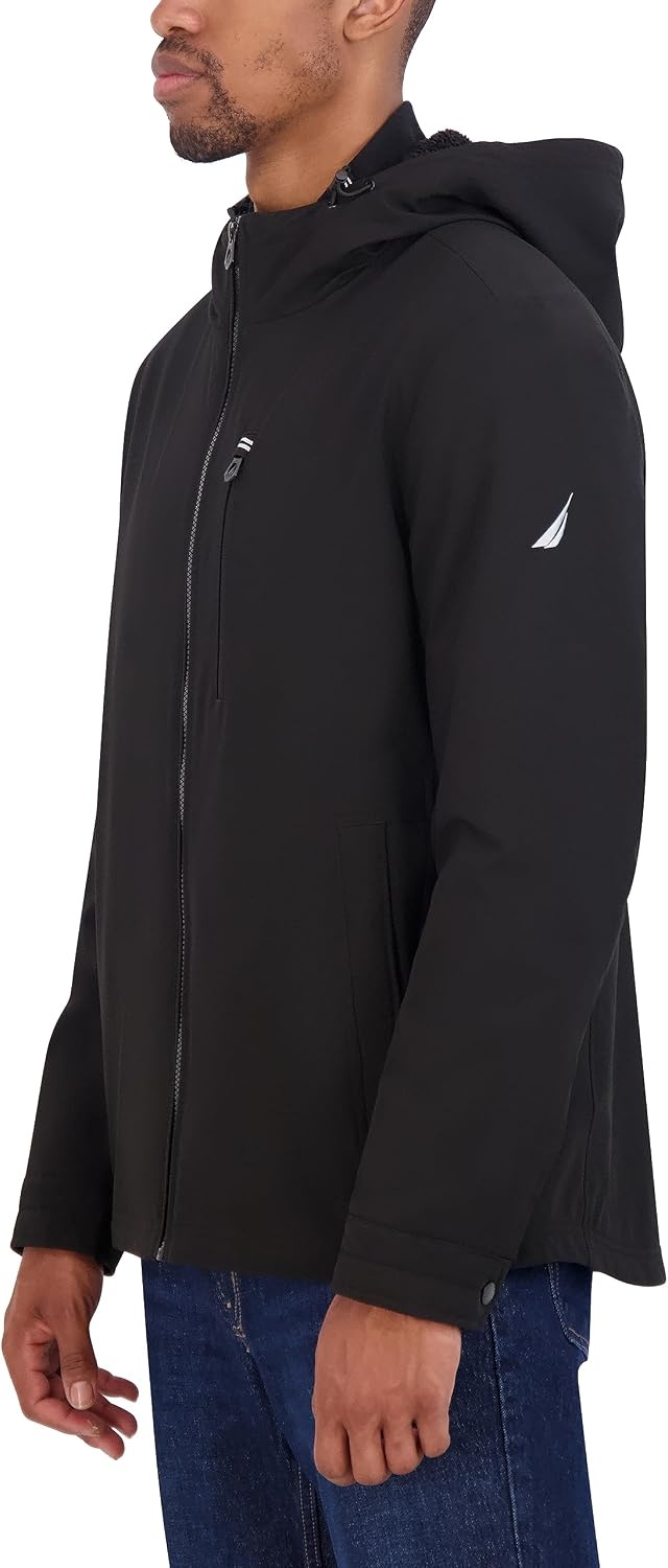 image:imageNautica Mens Sherpa Lined Softshell Jacket Full Zip Adjustable Hood Wind ResistantEbony