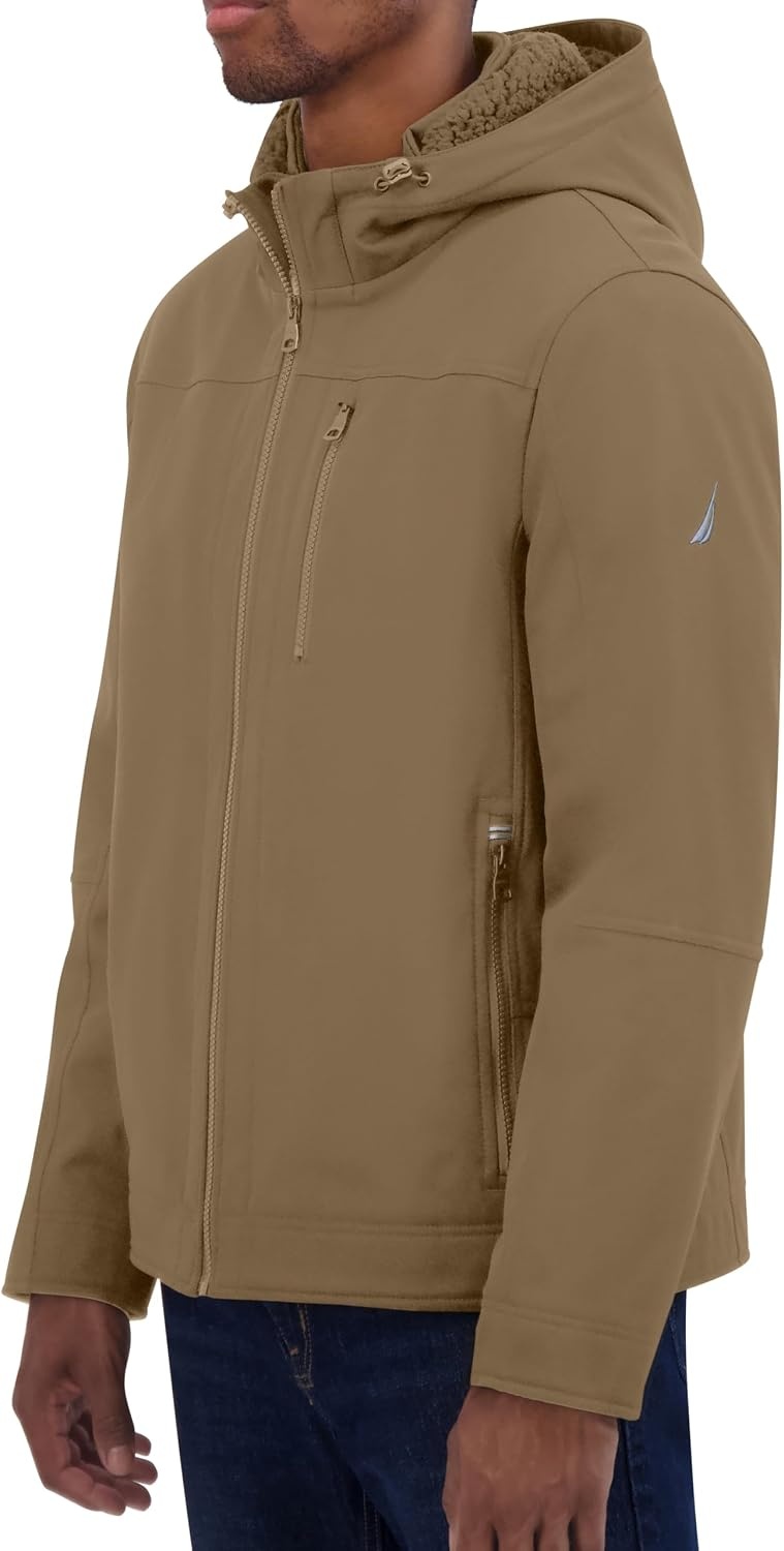 image:imageNautica Mens Sherpa Lined Softshell Jacket Full Zip Adjustable Hood Wind ResistantErmine