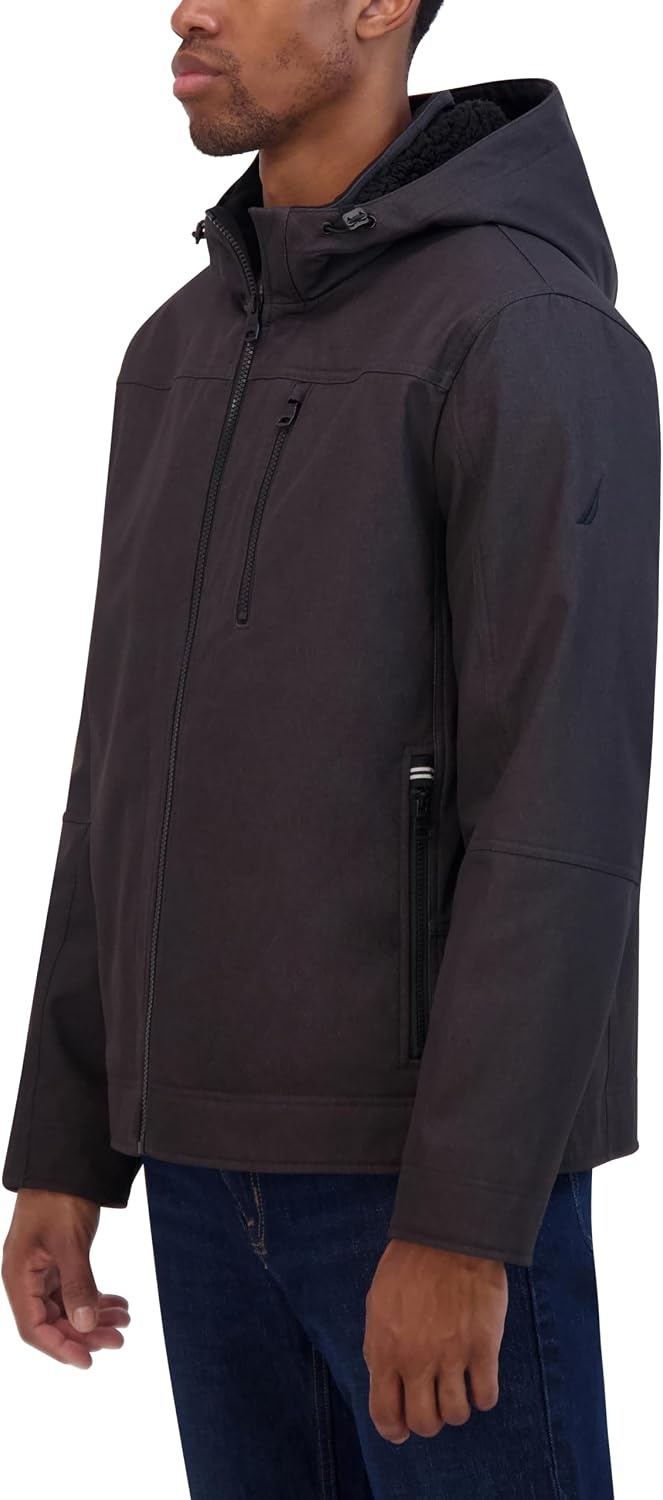 image:imageNautica Mens Sherpa Lined Softshell Jacket Full Zip Adjustable Hood Wind ResistantGrey