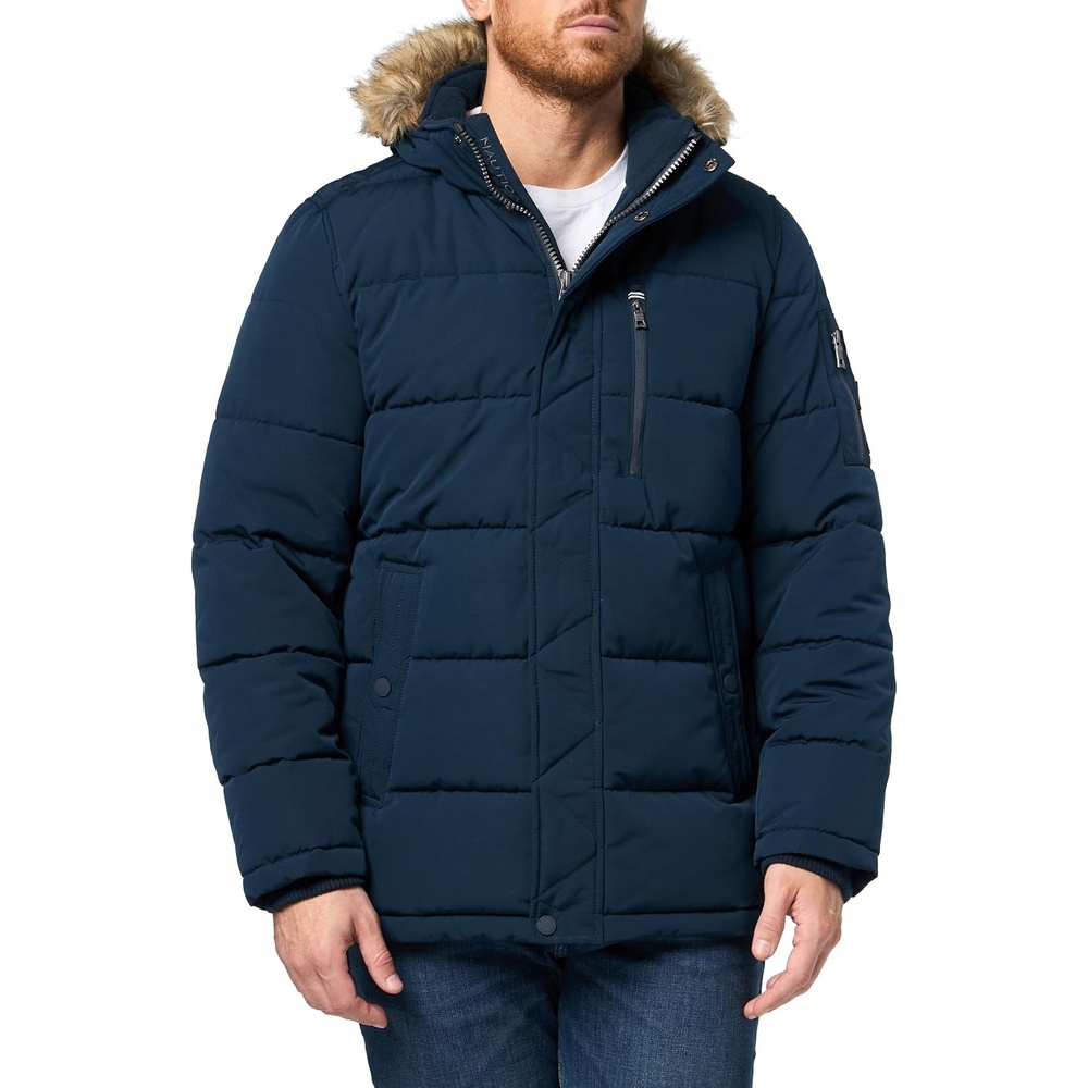 image:imageNautica Mens Faux Fur Trim Puffer Jacket With Removable HoodNavy