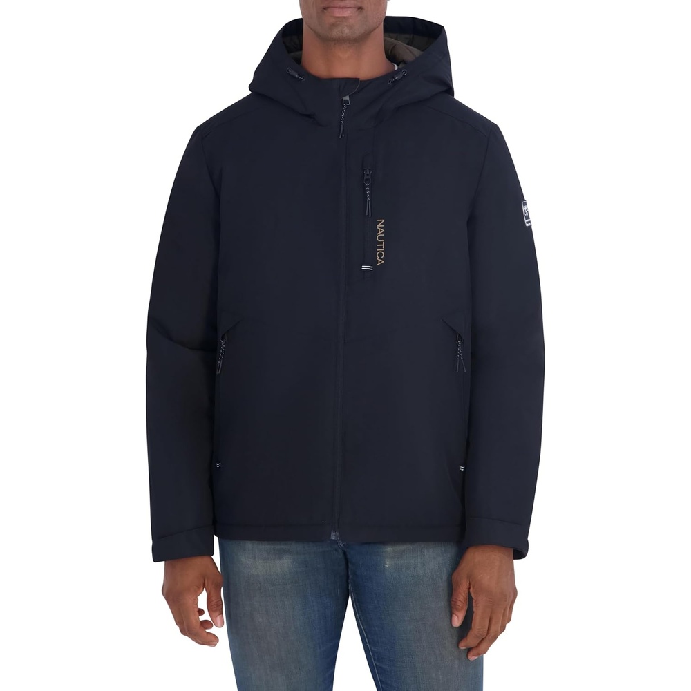 image:imageNautica Mens Hooded Rain Jacket Water Resistant Insulated Zip Front Coastal CoatBlack