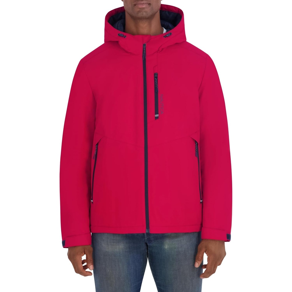 image:imageNautica Mens Hooded Rain Jacket  Water Resistant Insulated Zip Front Coastal CoatRed