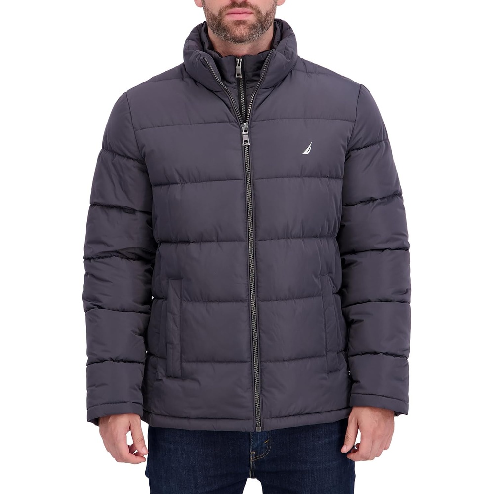 image:imageNautica Mens Midweight Puffer Jacket with Bib Insert Fleece Collar Insulated Winter CoatMetal Grey
