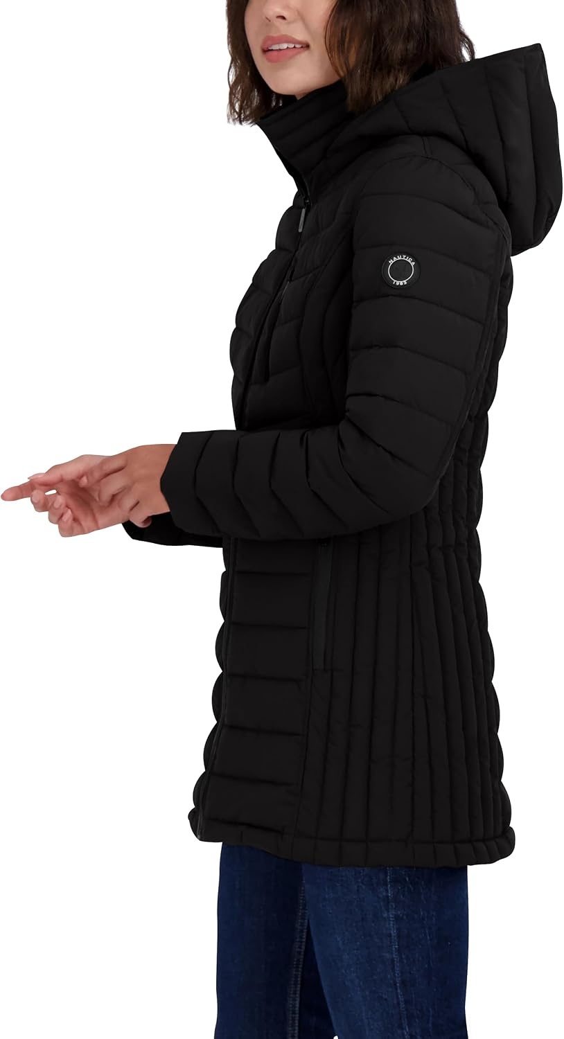 image:imageNautica Womens Stretch Puffer Jacket Midweight Quilted Coat Detachable HoodDeep Black