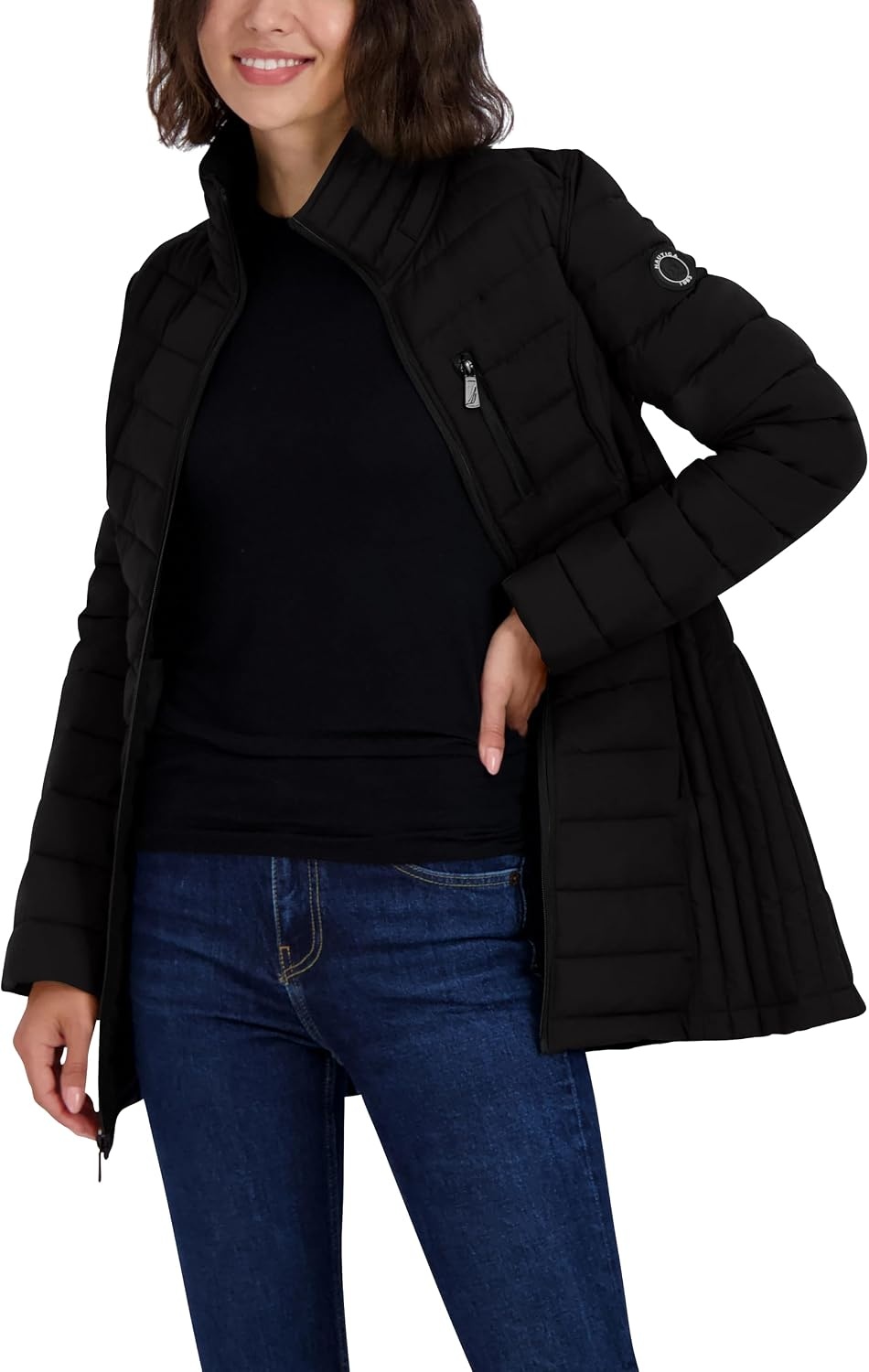 image:imageNautica Womens Stretch Puffer Jacket Midweight Quilted Coat Detachable HoodDeep Black