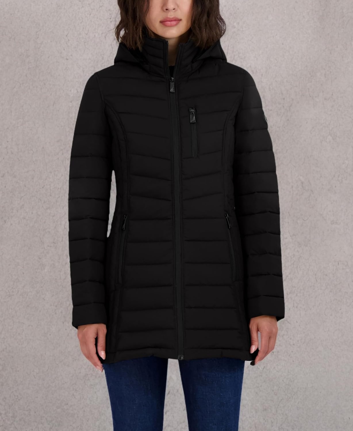 image:imageNautica Womens Stretch Puffer Jacket Midweight Quilted Coat Detachable HoodDeep Black