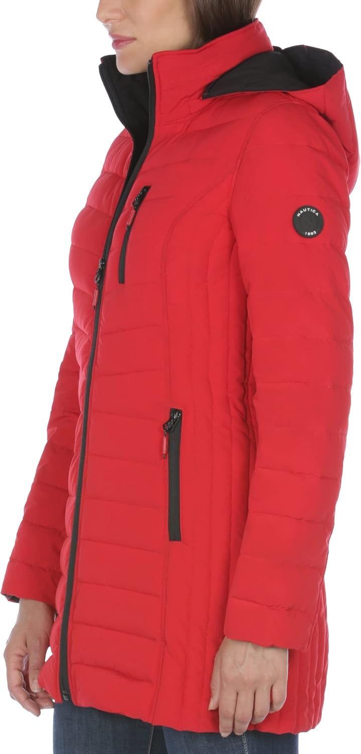 image:imageNautica Womens Stretch Puffer Jacket Midweight Quilted Coat Detachable HoodNautica Red