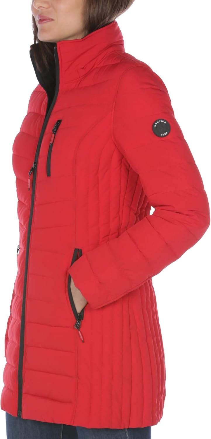 image:imageNautica Womens Stretch Puffer Jacket Midweight Quilted Coat Detachable HoodNautica Red