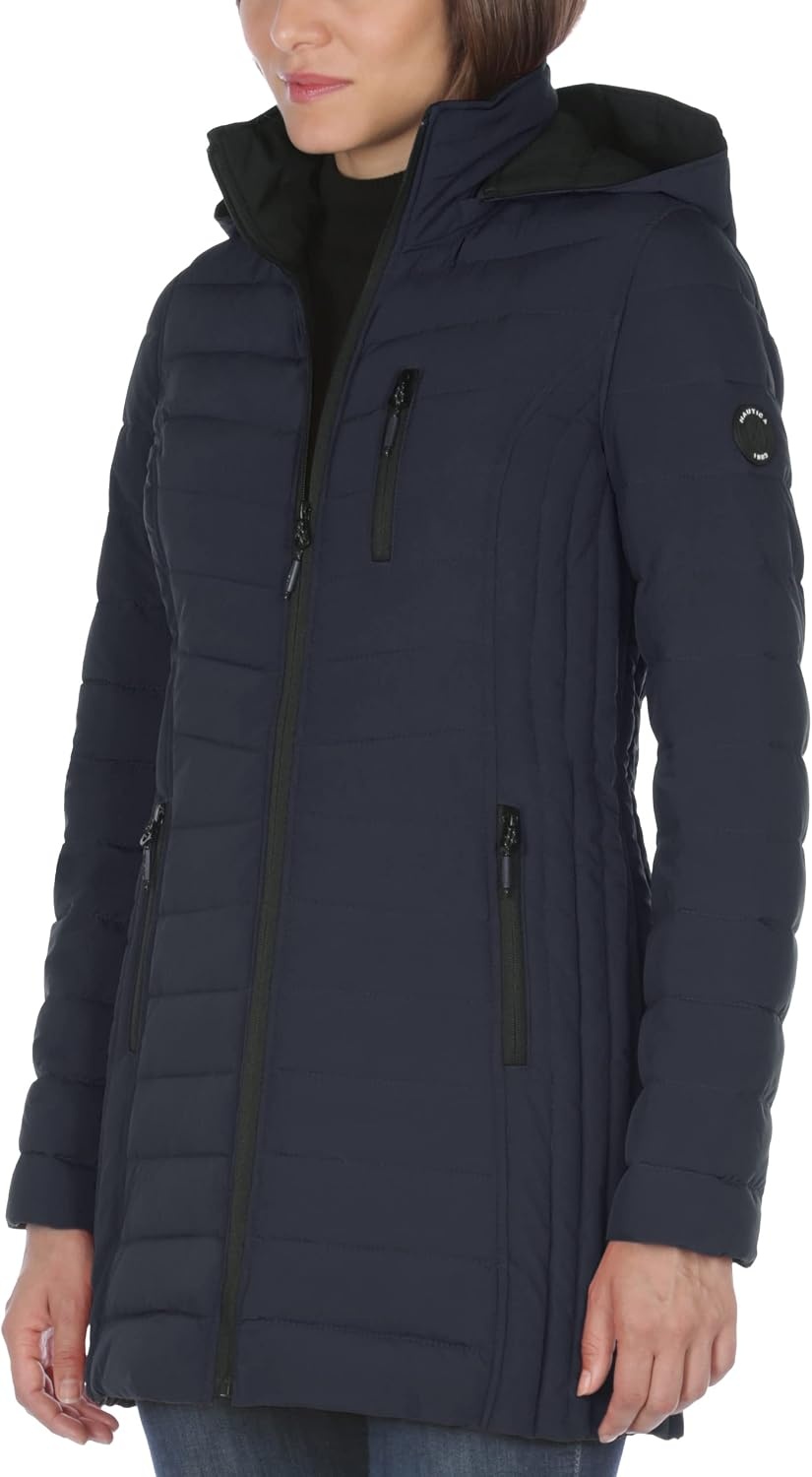 image:imageNautica Womens Stretch Puffer Jacket Midweight Quilted Coat Detachable HoodNavy