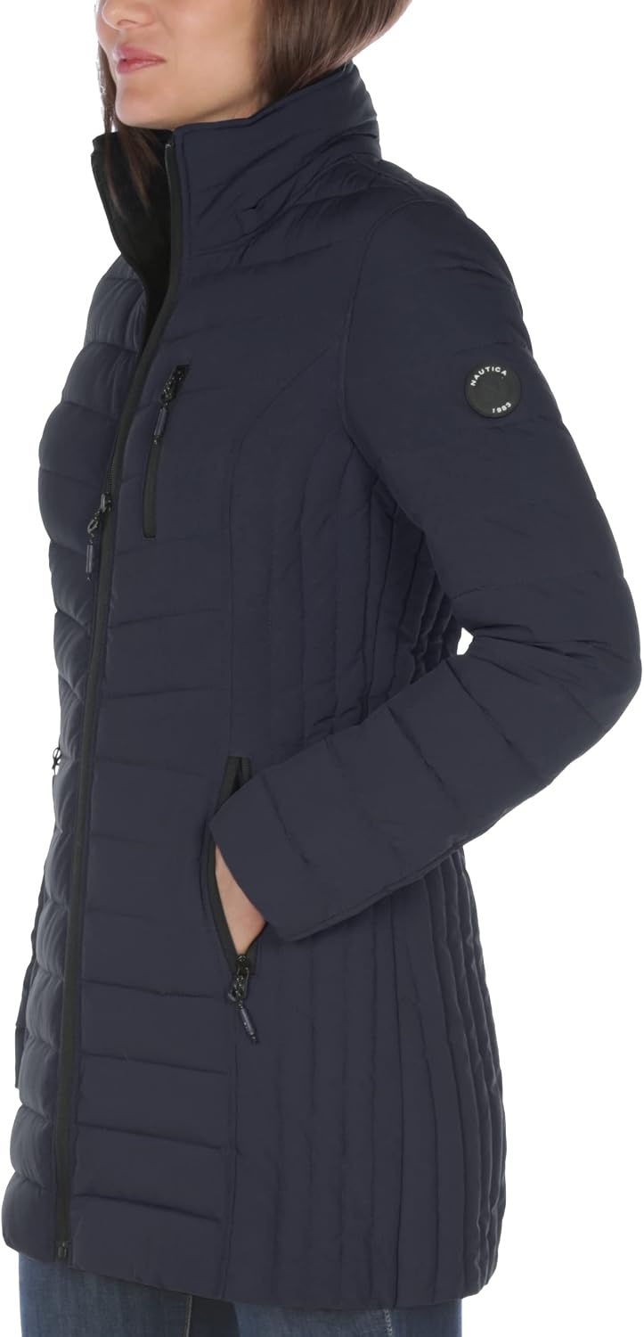 image:imageNautica Womens Stretch Puffer Jacket Midweight Quilted Coat Detachable HoodNavy