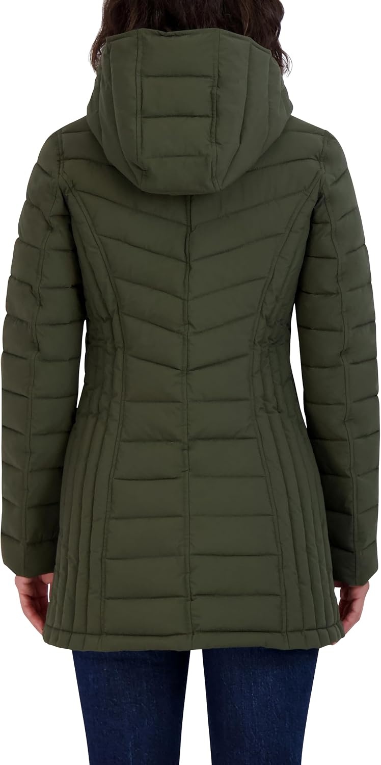 image:imageNautica Womens Stretch Puffer Jacket Midweight Quilted Coat Detachable HoodOlive