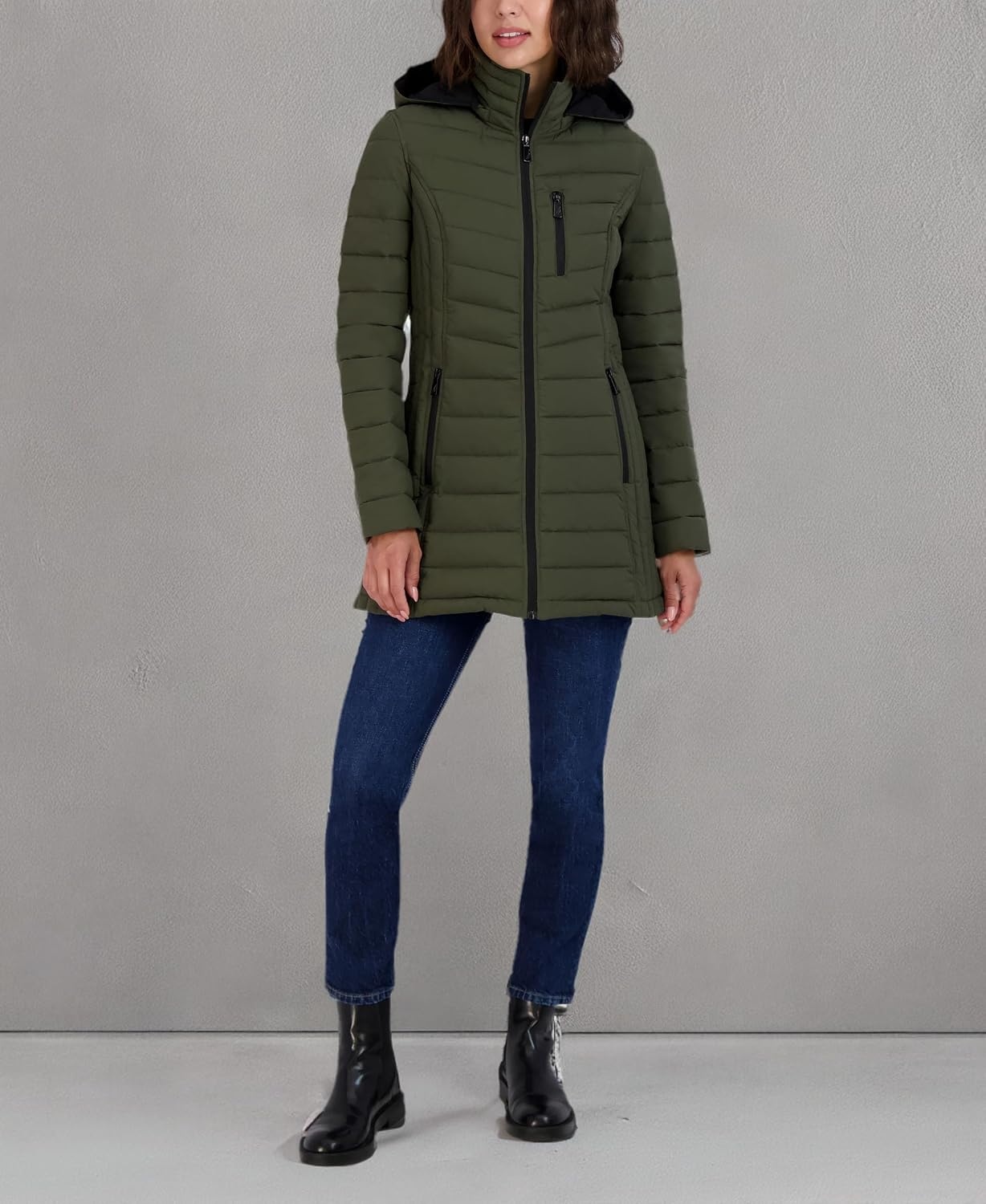 image:imageNautica Womens Stretch Puffer Jacket Midweight Quilted Coat Detachable HoodOlive
