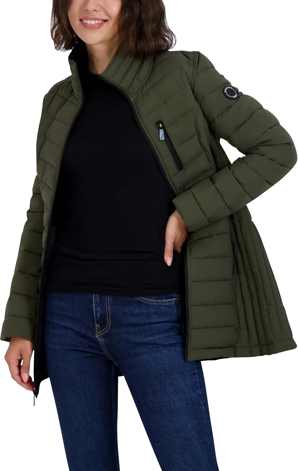 image:imageNautica Womens Stretch Puffer Jacket Midweight Quilted Coat Detachable HoodOlive