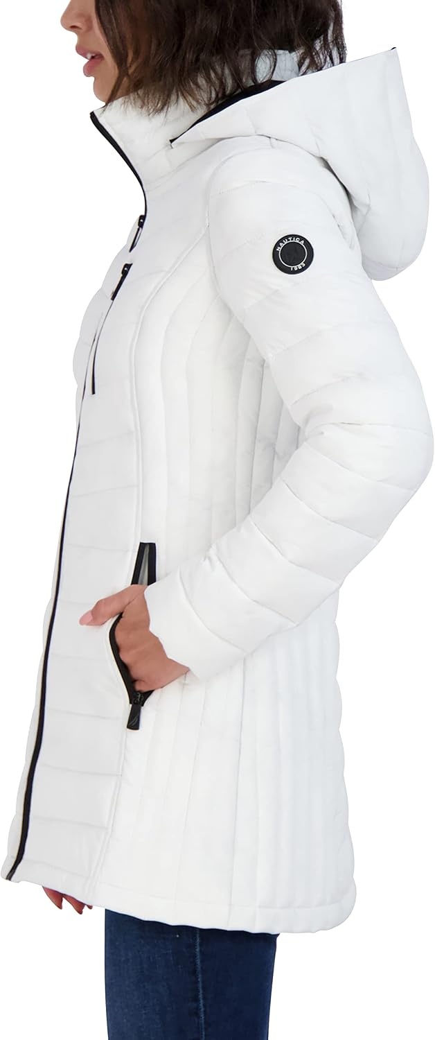 image:imageNautica Womens Stretch Puffer Jacket Midweight Quilted Coat Detachable HoodWhite