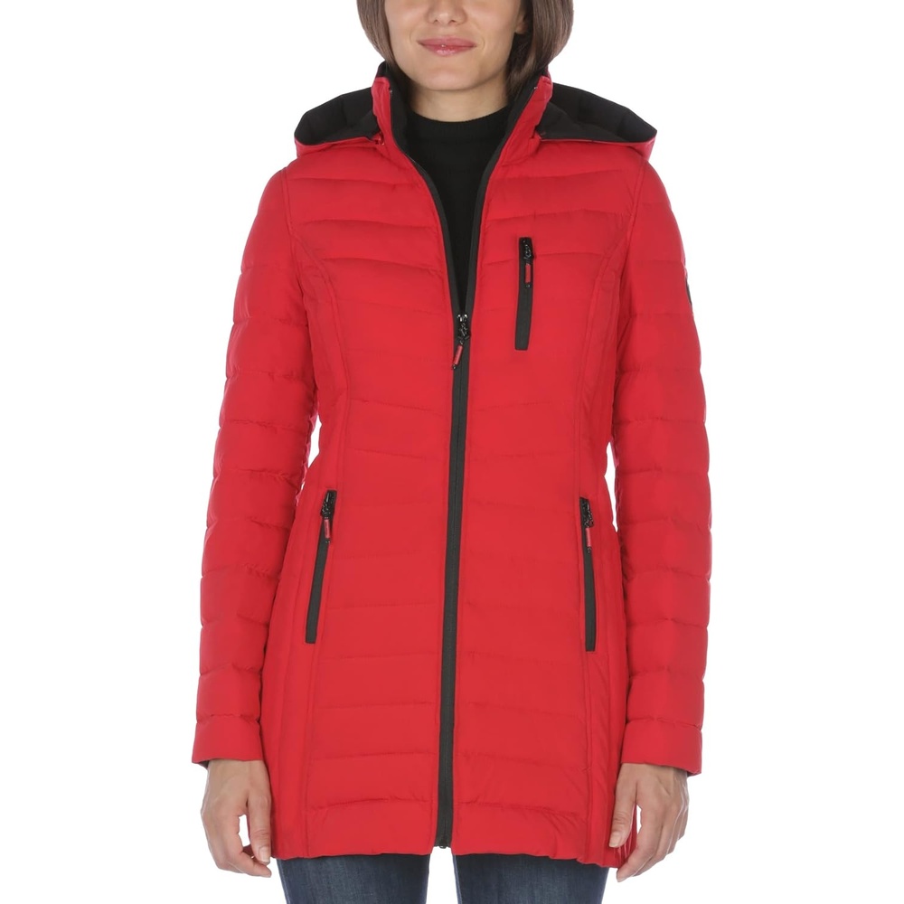 image:imageNautica Womens Stretch Puffer Jacket Midweight Quilted Coat Detachable HoodNautica Red