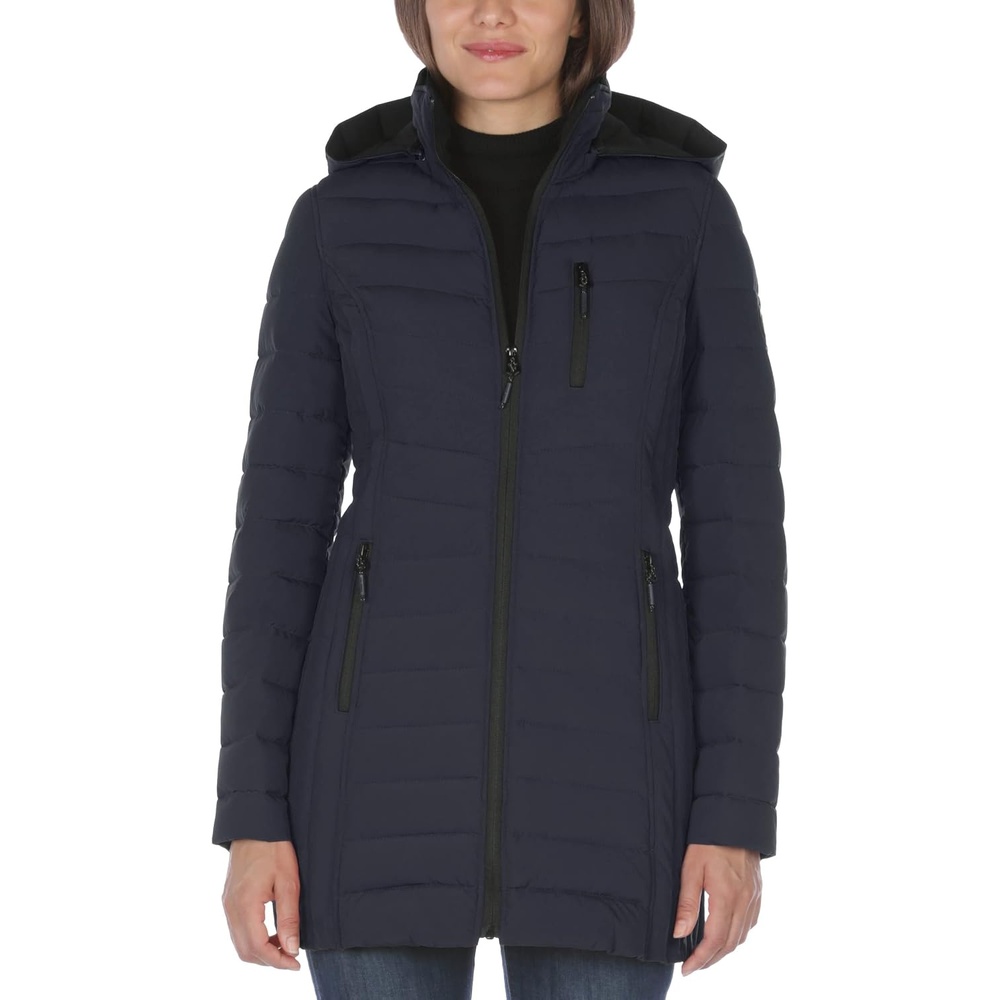 image:imageNautica Womens Stretch Puffer Jacket Midweight Quilted Coat Detachable HoodNavy