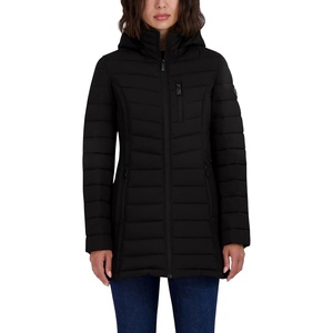 Nautica Women’s Stretch Puffer Jacket – Midweight Quilted Coat Detachable Hood(Deep Black)