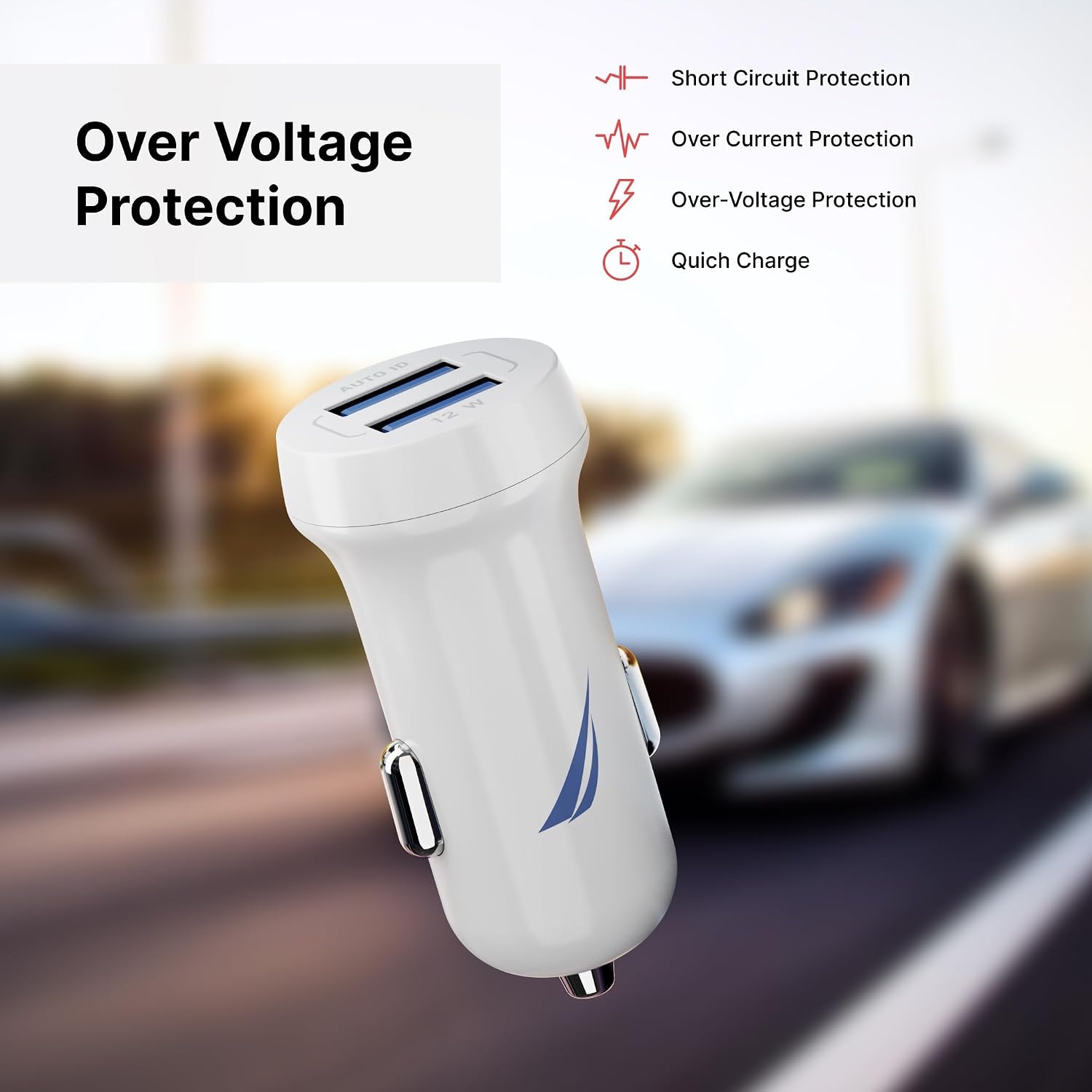 image:imageNautica Dual Port Car Charger 12W Output 2X USBA Port Quick Charge Compatible with iPhone Android Phones Tablets Powerbanks WhiteWhite