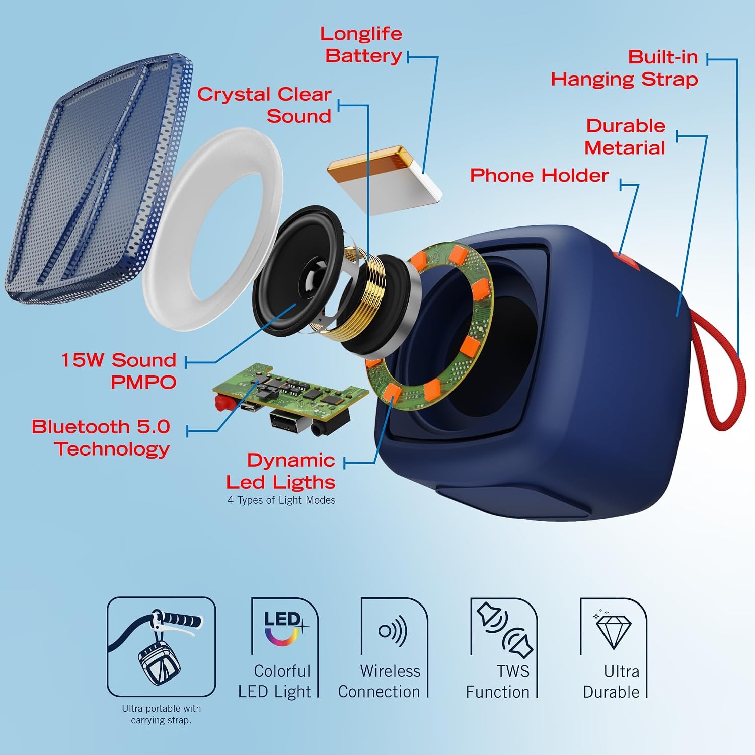 image:imageNautica Portable Bluetooth Speaker Wireless IPX5 Splashproof Integrated Phone Holder 15 Hours Playtime Dynamic Led Lights TWS Pairing Pure Bass for Home Outdoor Navy RedNavy Red
