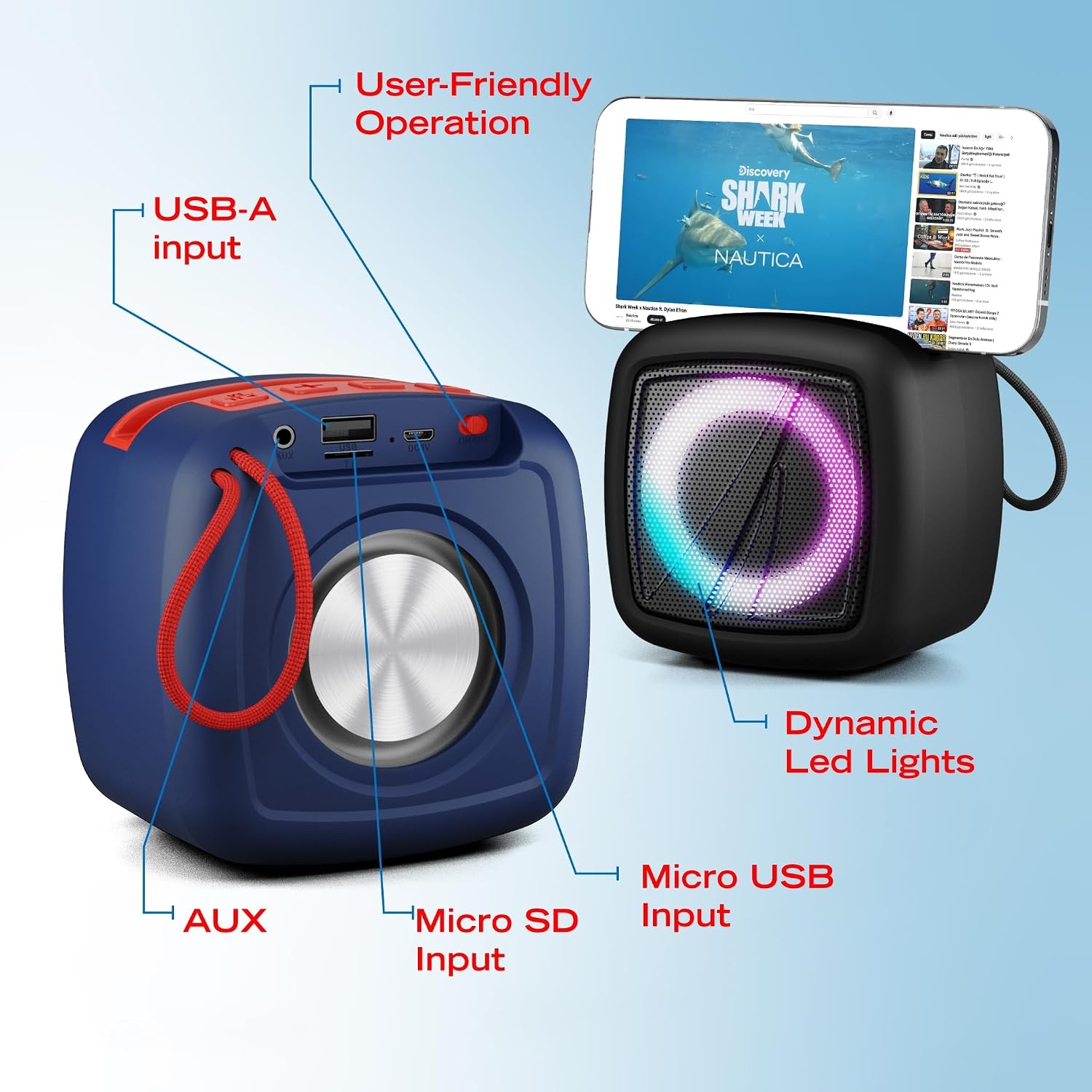 image:imageNautica Portable Bluetooth Speaker Wireless IPX5 Splashproof Integrated Phone Holder 15 Hours Playtime Dynamic Led Lights TWS Pairing Pure Bass for Home Outdoor Navy RedNavy Red
