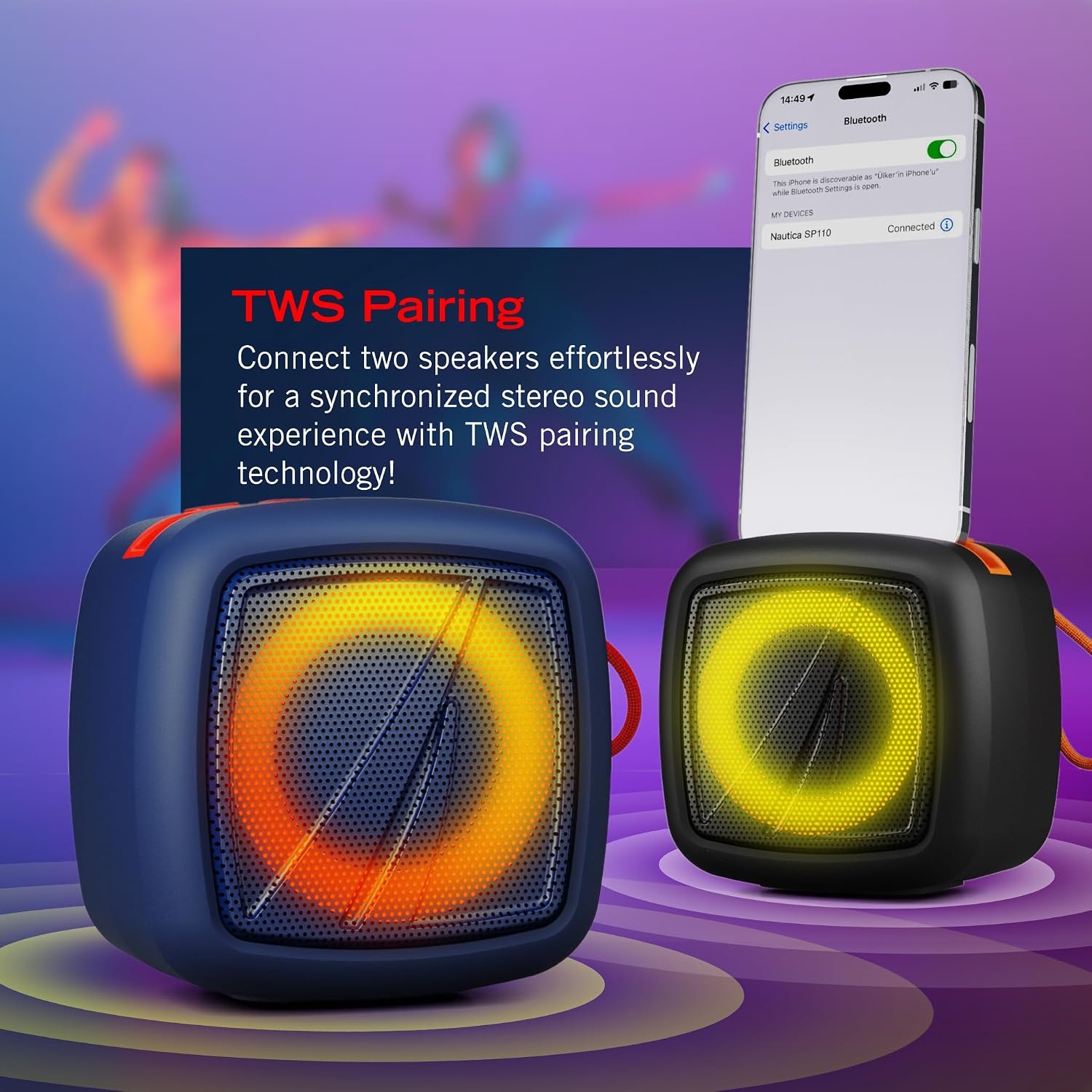 image:imageNautica Portable Bluetooth Speaker Wireless IPX5 Splashproof Integrated Phone Holder 15 Hours Playtime Dynamic Led Lights TWS Pairing Pure Bass for Home Outdoor Navy RedNavy Red