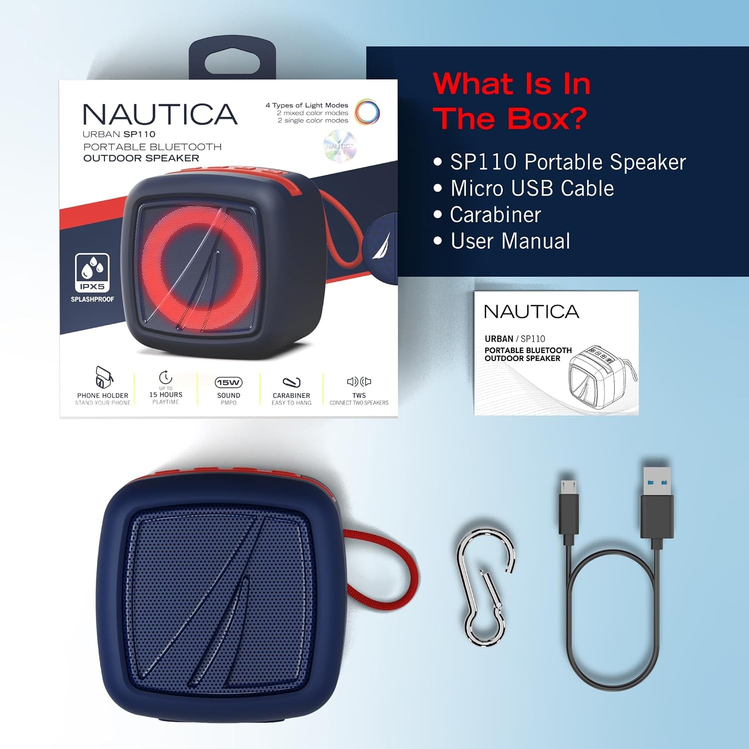 image:imageNautica Portable Bluetooth Speaker Wireless IPX5 Splashproof Integrated Phone Holder 15 Hours Playtime Dynamic Led Lights TWS Pairing Pure Bass for Home Outdoor Navy RedNavy Red