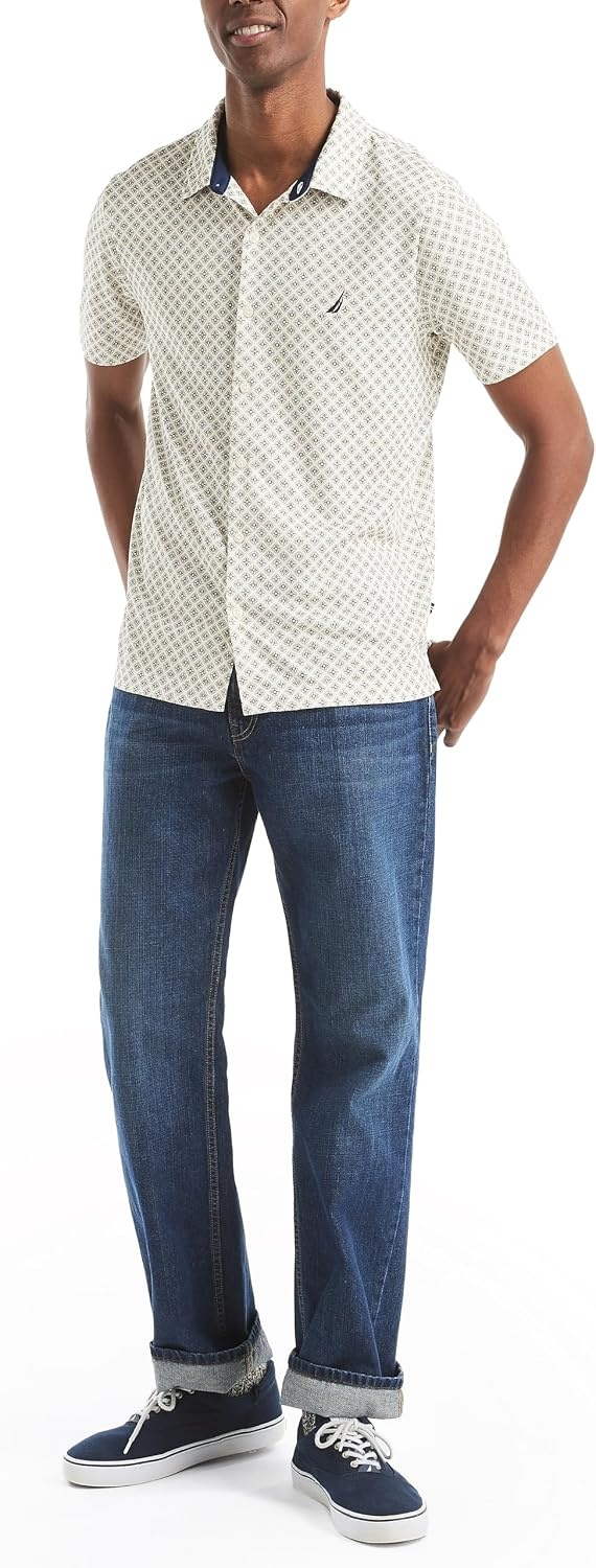 image:imageNautica Mens Nautica Short Sleeve Button Front Printed Button Up ShirtSail White