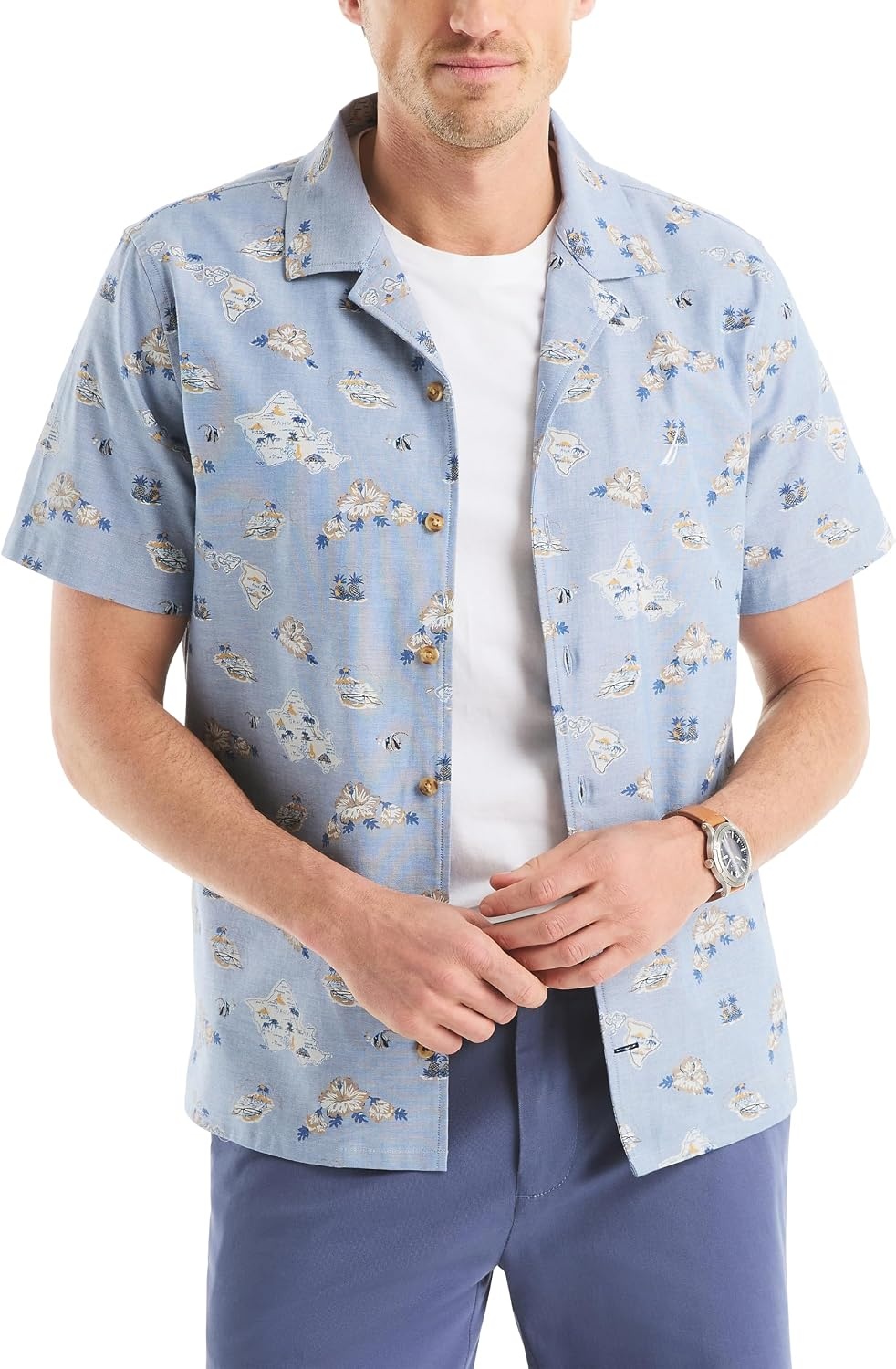 image:imageNautica Mens Short Sleeve Camp Collar Button Up ShirtMoon Light Blue
