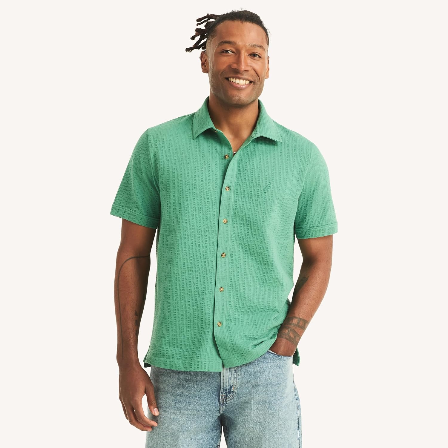 image:imageNautica Mens Short Sleeve Seersucker Button Up ShirtDelta Moss