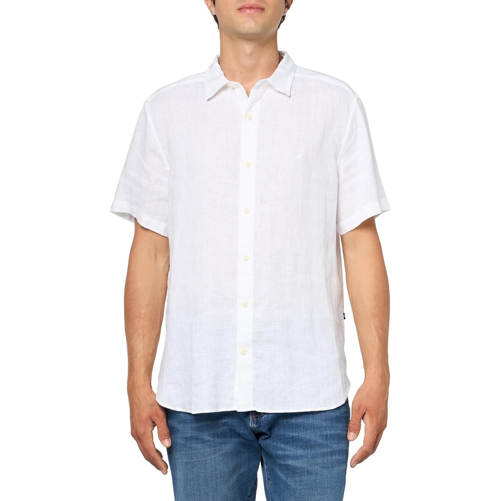 image:imageNautica Mens Short Sleeve Solid Linen Button Up ShirtBright White
