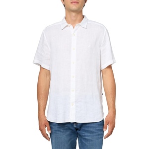 Nautica Men’s Short Sleeve Solid Linen Button Up Shirt(Bright White)