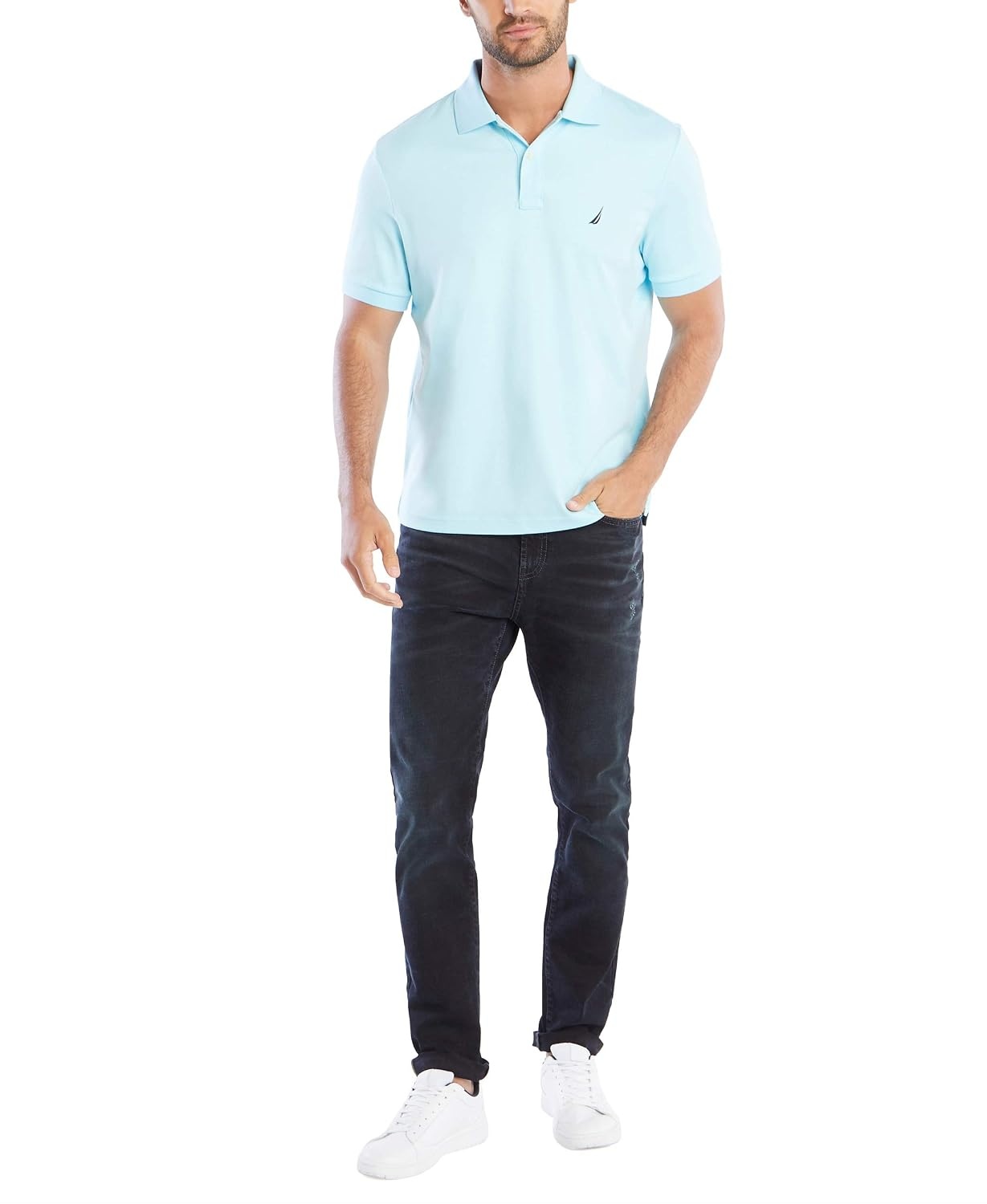 image:imageNautica mens Classic Fit Short Sleeve Dual Tipped Collar Polo ShirtBright Aqua Solid
