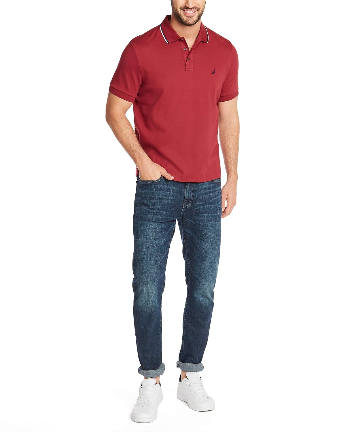 image:imageNautica mens Classic Fit Short Sleeve Dual Tipped Collar Polo ShirtBurgundy