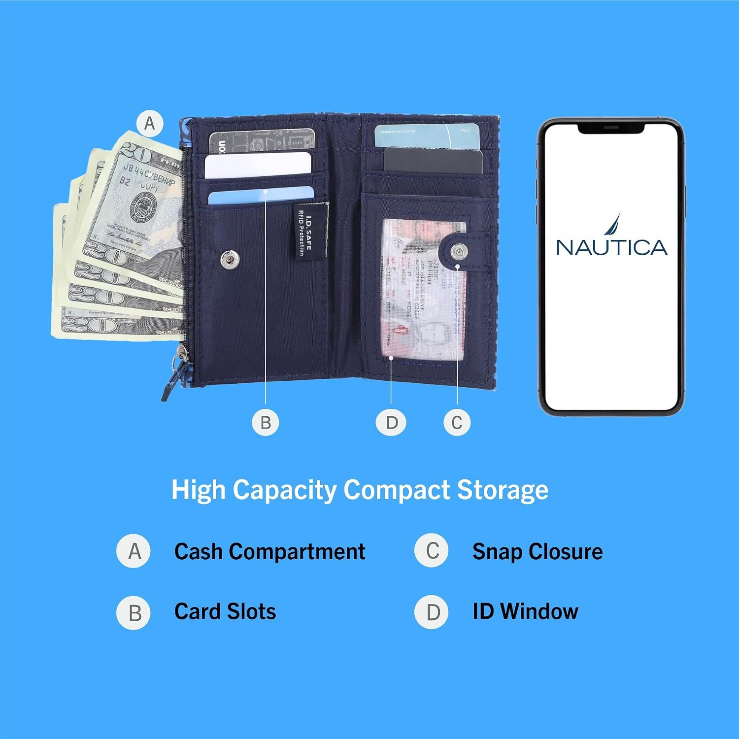 image:imageNautica High Tide Small Wallet for Women RFID Blocking Slim Credit Card Holder with Zipper Coin Pocket Bifold Compact Wallet with ID Window BlackAmericana Logo