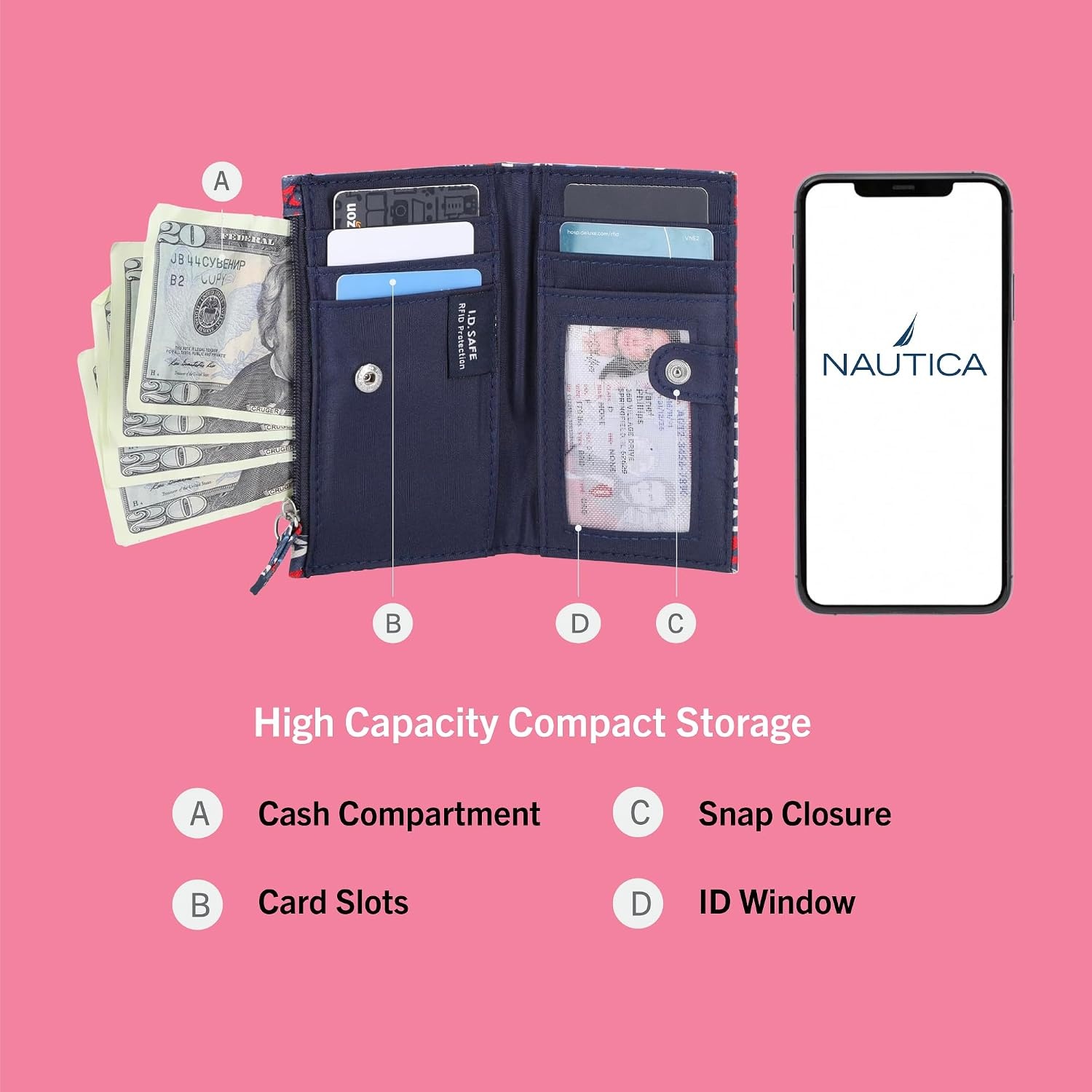 image:imageNautica High Tide Small Wallet for Women RFID Blocking Slim Credit Card Holder with Zipper Coin Pocket Bifold Compact Wallet with ID Window BlackIndigoMarina
