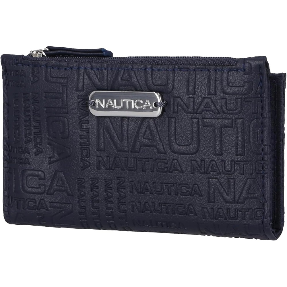 image:imageNautica High Tide Small Wallet for Women RFID Blocking Slim Credit Card Holder with Zipper Coin Pocket Bifold Compact Wallet with ID Window BlackIndigo Printed